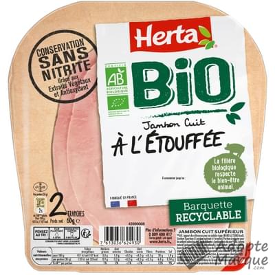 Herta Bio - Jambon cuit à l'Etouffée Conservation sans Nitrite La barquette de 2 tranches - 60G