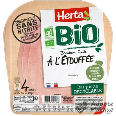 Herta Bio - Jambon cuit à l'Etouffée Conservation sans Nitrite La barquette de 4 tranches - 120G