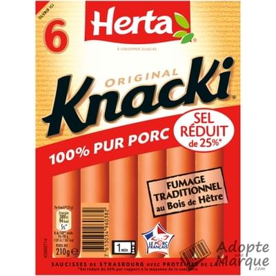 Herta Knacki Sel Réduit - 25% de sel en moins - Saucisses de Strasbourg 100% Pur Porc Le paquet de 6 saucisses - 210G