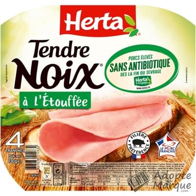 Herta Tendre Noix - Jambon cuit à l'Etouffée sans Antibiotique La barquette de 4 tranches - 130G