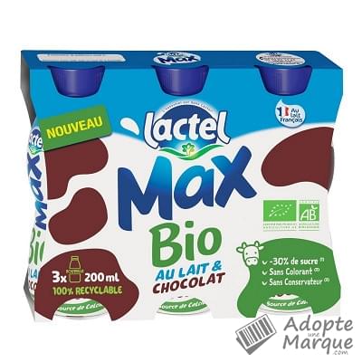 Lactel Max BIO - Boisson Lactée saveur Chocolat Les 3 bouteilles de 200ML