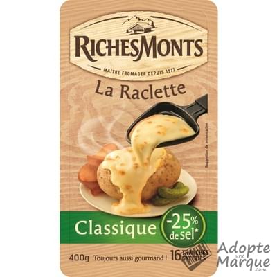 RichesMonts Raclette nature au lait pasteurisé -25% de sel La barquette de 16 tranches - 400G