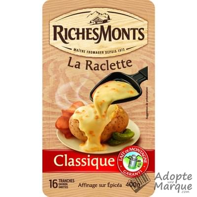 RichesMonts Raclette nature au lait pasteurisé La barquette de 16 tranches - 400G