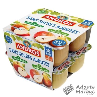 Andros Dessert Sans Sucres Ajoutés Pomme Nature & Pomme Poire Les 8 pots de 100G