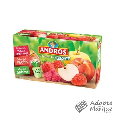 Andros Gourde Panaché Pomme Fraise Framboise, Pomme Pêche & Pomme Nature Les 10 gourdes de 90G