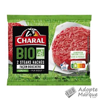 Charal Steak Haché façon Bouchère pur Bœuf Bio 15%MG La barquette de 2 steaks - 240G