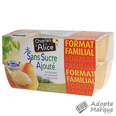 Charles & Alice Desserts aux fruits - Sans sucres ajoutés - Saveur Pommes & Poires Williams - Format familial Les 12 pots de 100G