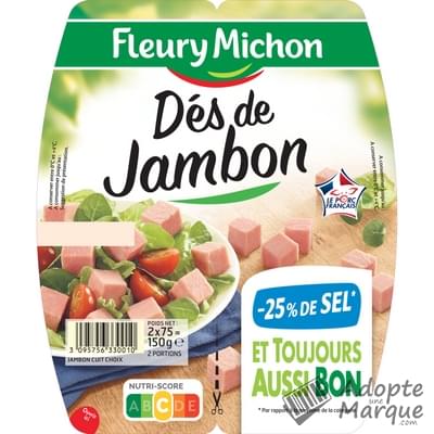 Fleury Michon Dés de Jambon -25% de Sel en moins Les 2 barquettes de 75G
