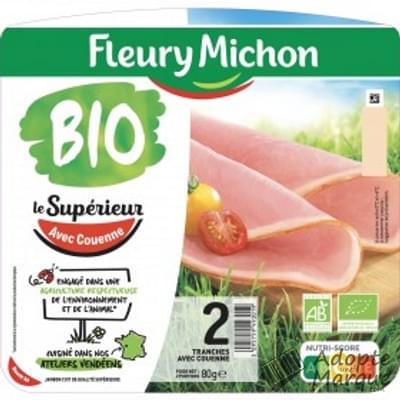 Fleury Michon Jambon Bio Le Supérieur à l'Etouffée avec Couenne La barquette de 2 tranches - 80G
