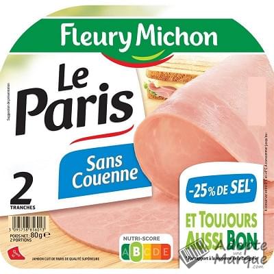 Fleury Michon Jambon Le Paris -25% de Sel en moins sans Couenne La barquette de 2 tranches - 80G