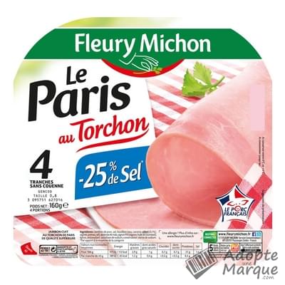 Fleury Michon Jambon Le Paris au Torchon -25% de Sel en moins La barquette de 4 tranches - 160G