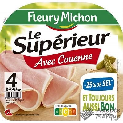 Fleury Michon Jambon Le Supérieur -25% de Sel en moins avec Couenne La barquette de 4 tranches - 160G