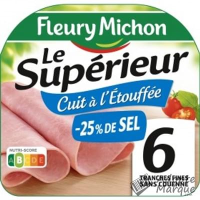 Fleury Michon Jambon Le Supérieur à l'Etouffée -25% de Sel en moins sans Couenne La barquette de 6 tranches - 180G