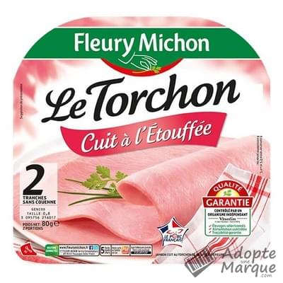 Fleury Michon Jambon Le Torchon Cuit à l'Etouffée sans Couenne La barquette de 2 tranches - 80G