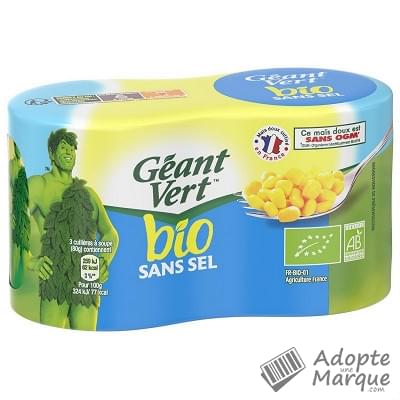 Géant Vert Maïs Doux sans Sel Bio Les 2 conserves de 140G