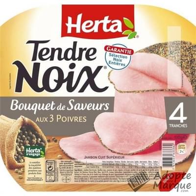 Herta Tendre Noix - Jambon cuit Bouquet de Saveurs enrobé aux 3 Poivres La barquette de 4 tranches - 120G