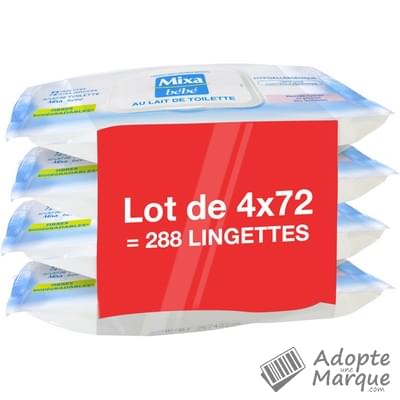 Mixa Bébé - Lingettes au Lait de Toilette Les 4 paquets de 72 lingettes