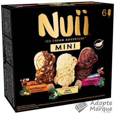 Nuii Mini Glaces Mix : Salted Caramel & Australian Macadamia (x2) & White Chocolate & Java Vanilla (x2) & Dark Chocolate & Nordic Berry (x2) La boîte de 6 mini bâtonnets - 253G