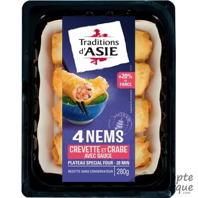 Traditions d'Asie Nems à la Crevette & Crabe avec Sauce Nuoc Mam La barquette de 4 nems - 280G